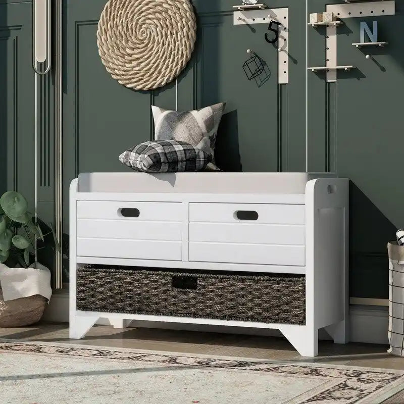 Grondin Retro Framhouse Style Entry Storage Shoe Bench with Padded Cushion, 2 Drawers and Removable Basket
