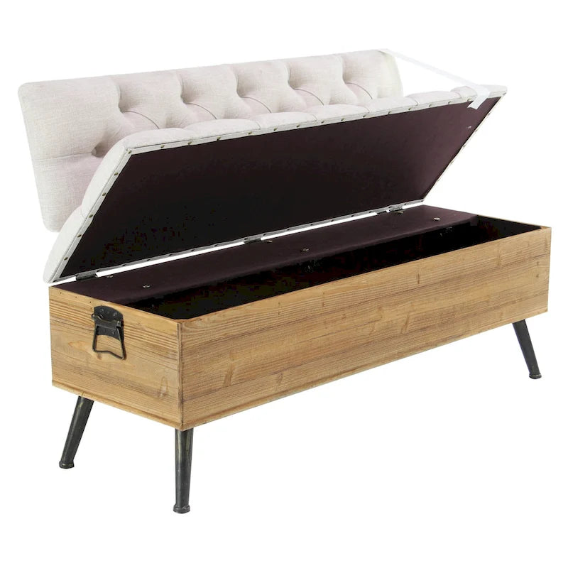 Wood Storage Bench with Cream Tufted Seat and Back - White - Roche River Decor - 20Wx48Lx30H