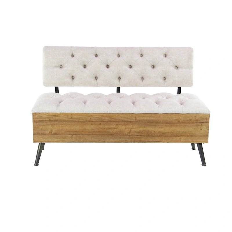 Wood Storage Bench with Cream Tufted Seat and Back - White - Roche River Decor - 20Wx48Lx30H