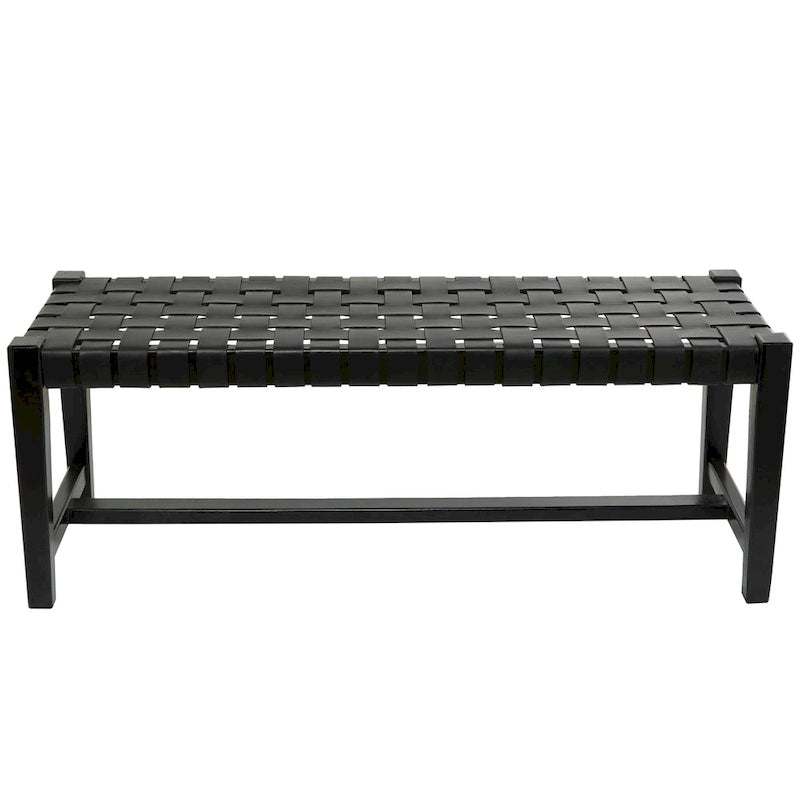 Leather Handmade Woven Seat Bench - Black - Roche River Decor - 18Wx47Lx17H