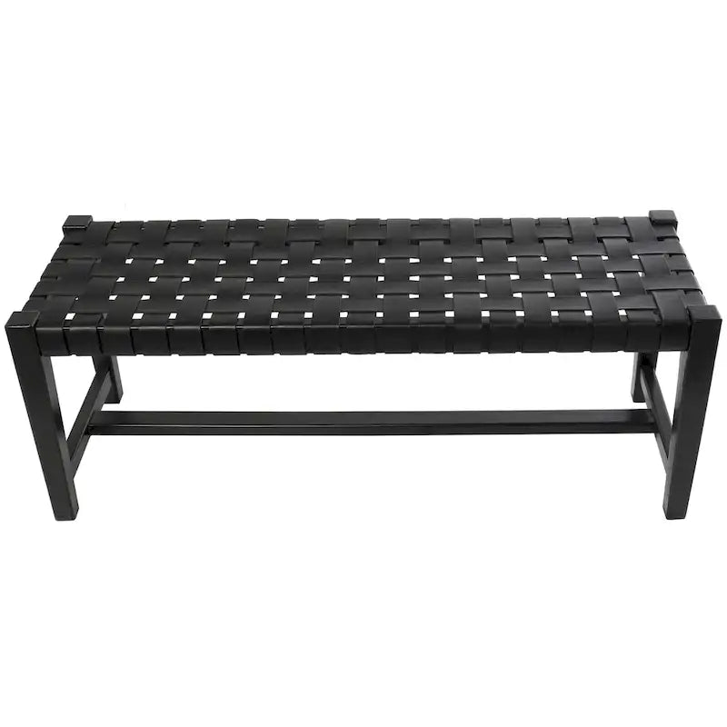Leather Handmade Woven Seat Bench - Black - Roche River Decor - 18Wx47Lx17H