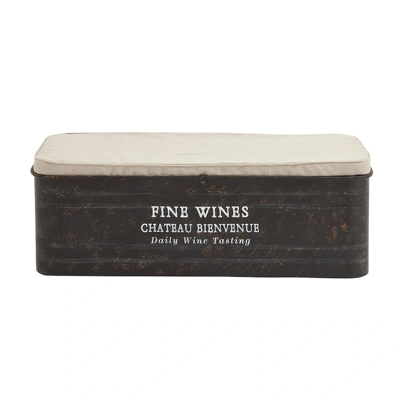 Metal Storage Bench with Cream Burlap Top and Champagne Typography - Brown - Roche River Decor - 16W x 48L x 17H