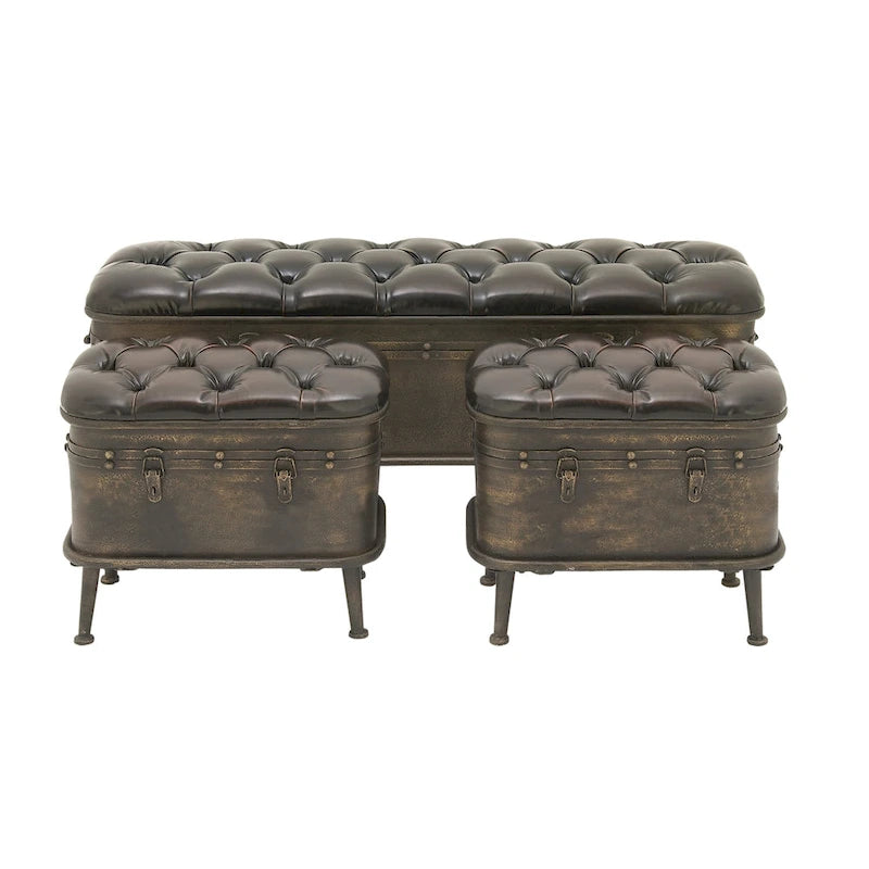 Metal Weathered Storage Bench with Black Tufted Faux Leather - Set of 3 Brown - Roche River Decor - 16W x 48L x 21H