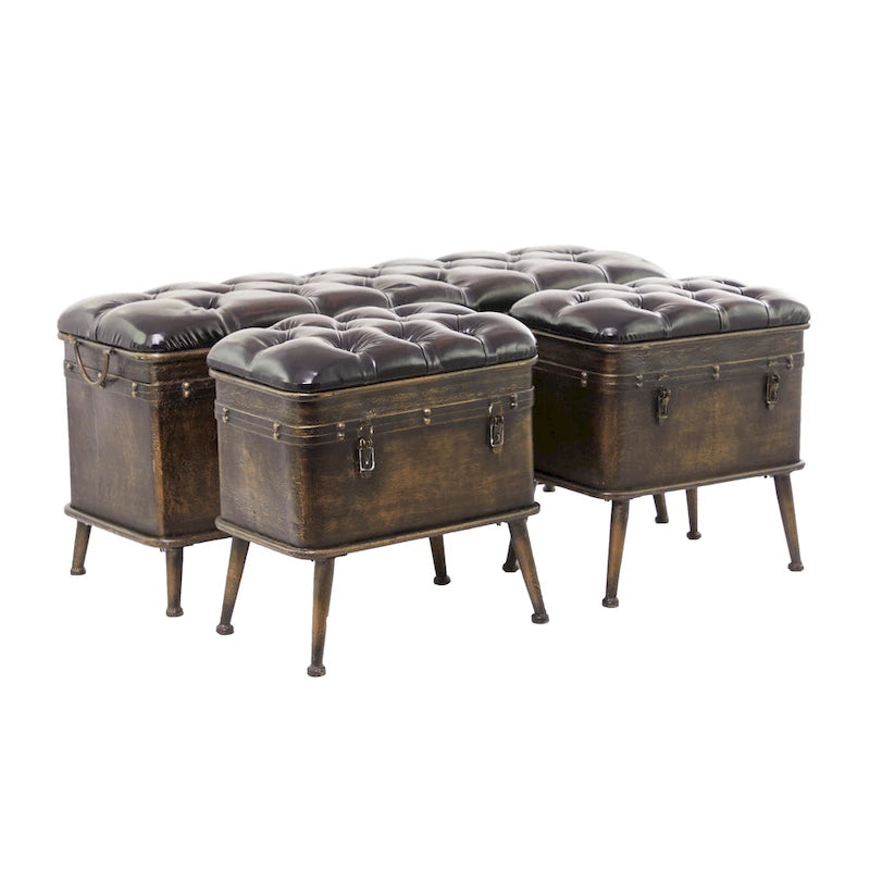 Metal Weathered Storage Bench with Black Tufted Faux Leather - Set of 3 Brown - Roche River Decor - 16W x 48L x 21H