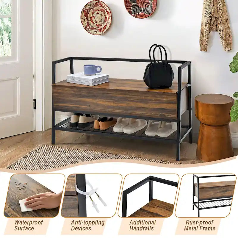 Industrial Shoe Bench Rack Organizer w/ Gas Lift & Hidden Storage Box