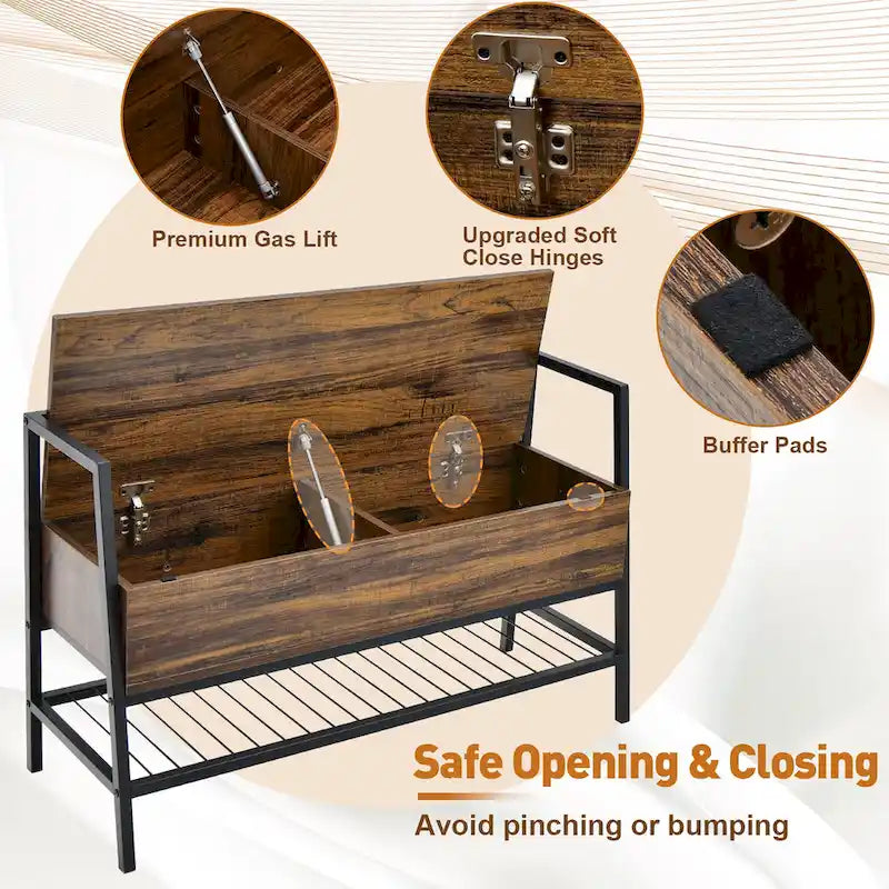Industrial Shoe Bench Rack Organizer w/ Gas Lift & Hidden Storage Box