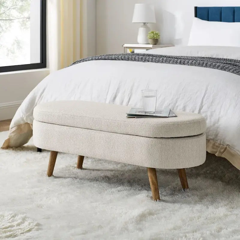 Ottoman Oval Storage Bench with Rubber Wood Legs Beige