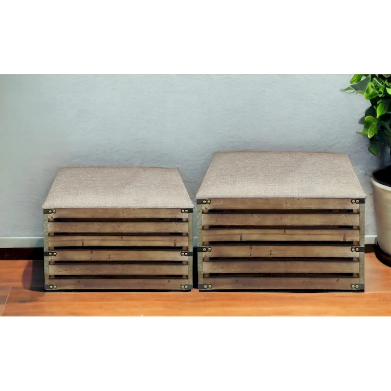 HomeRoots Set of Two Brown Wood Slat and Upholstery Storage Benches With Flip Top - 23.7 W x 14 D x 17.5 H