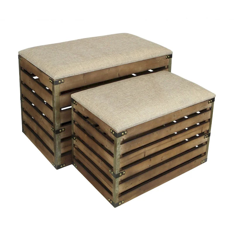 HomeRoots Set of Two Brown Wood Slat and Upholstery Storage Benches With Flip Top - 23.7 W x 14 D x 17.5 H