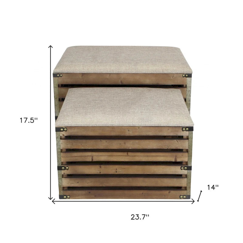 HomeRoots Set of Two Brown Wood Slat and Upholstery Storage Benches With Flip Top - 23.7 W x 14 D x 17.5 H