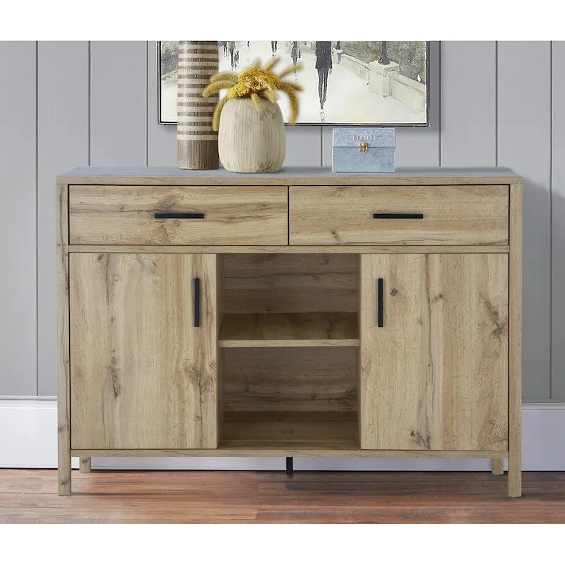 Q-Max 47W Sideboard Storage Cabinet, Dining Server Cupboard Buffet Table with Two Cabinets, Two Drawers, Two Open Shelves