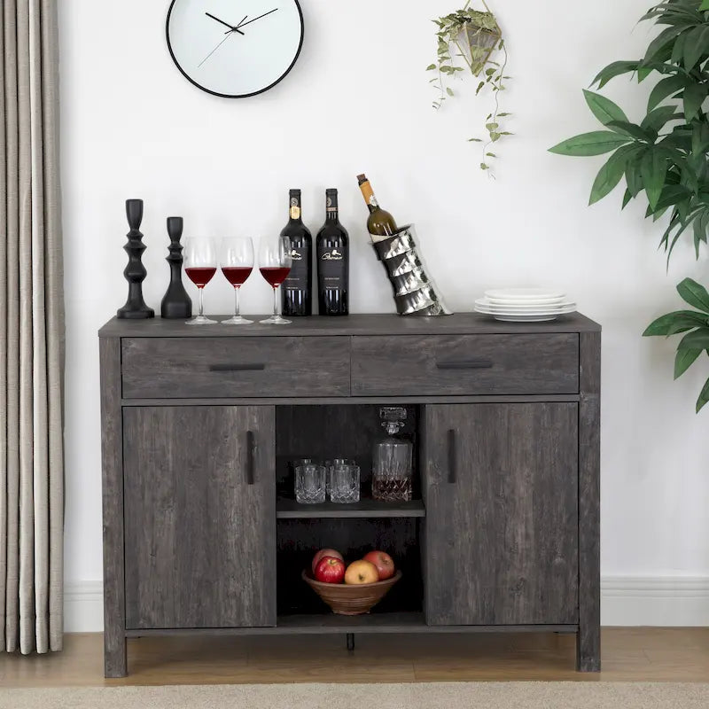 Q-Max 47W Sideboard Storage Cabinet, Dining Server Cupboard Buffet Table with Two Cabinets, Two Drawers, Two Open Shelves