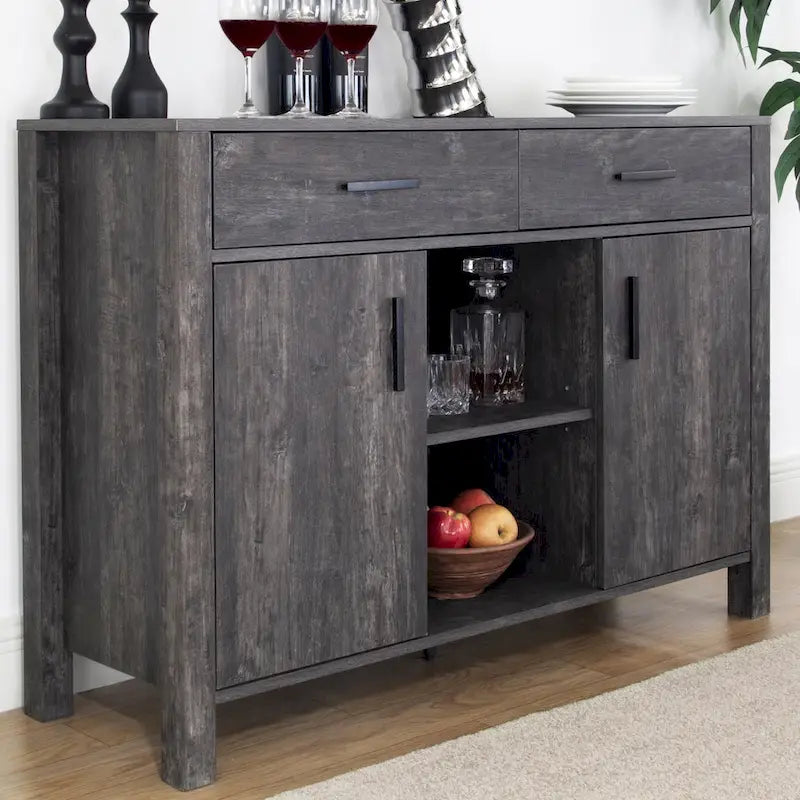 Q-Max 47W Sideboard Storage Cabinet, Dining Server Cupboard Buffet Table with Two Cabinets, Two Drawers, Two Open Shelves