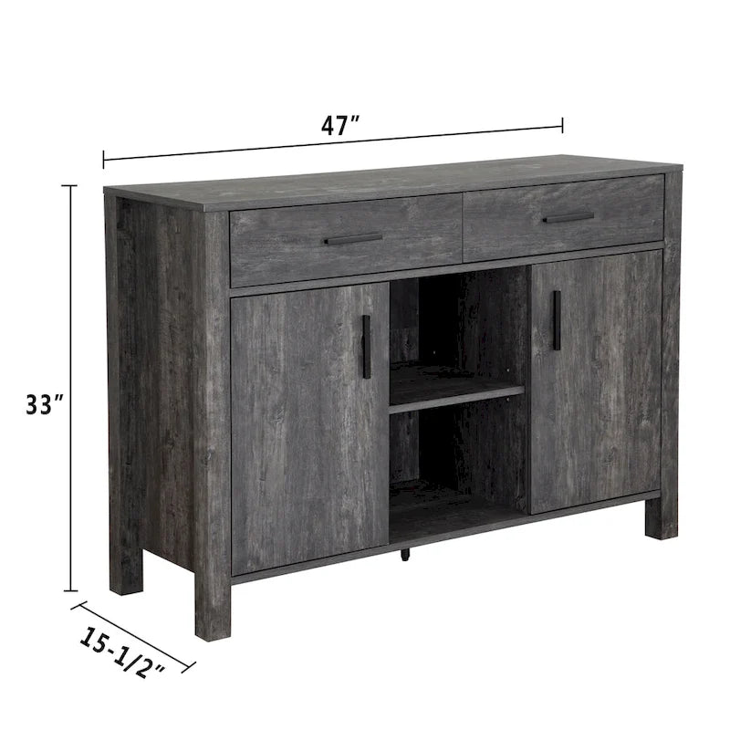 Q-Max 47W Sideboard Storage Cabinet, Dining Server Cupboard Buffet Table with Two Cabinets, Two Drawers, Two Open Shelves