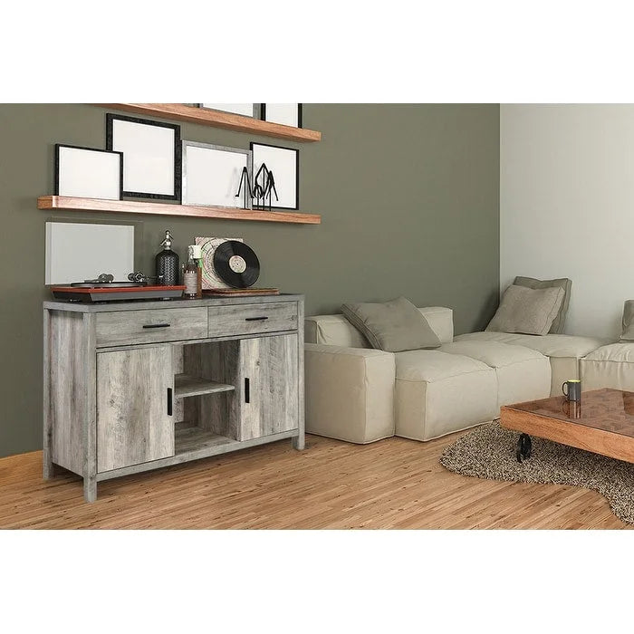 Q-Max 47W Sideboard Storage Cabinet, Dining Server Cupboard Buffet Table with Two Cabinets, Two Drawers, Two Open Shelves