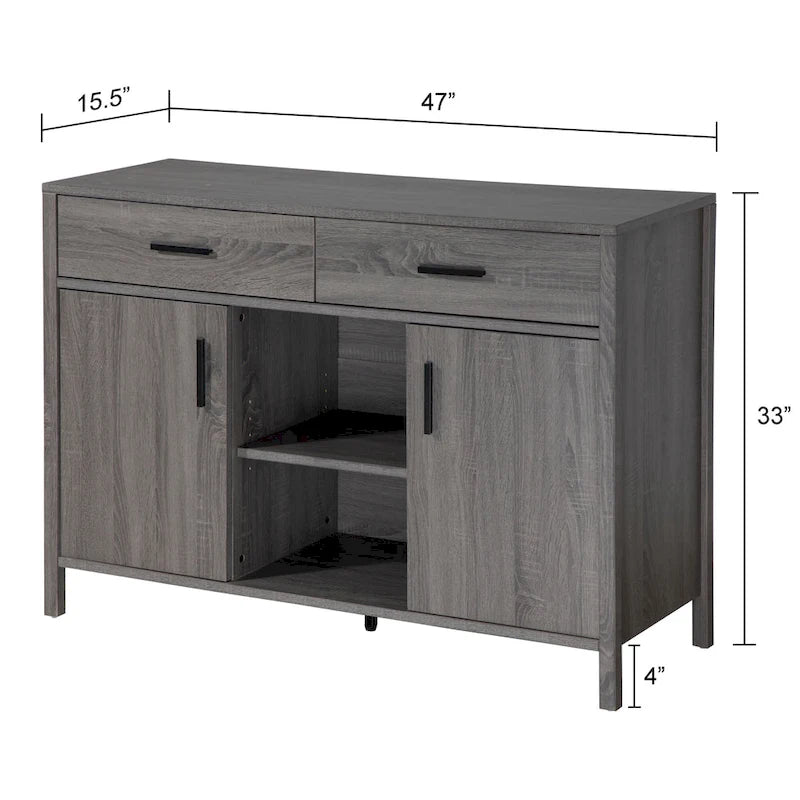 Q-Max 47W Sideboard Storage Cabinet, Dining Server Cupboard Buffet Table with Two Cabinets, Two Drawers, Two Open Shelves