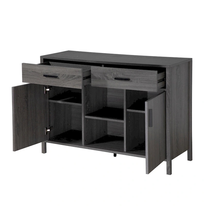 Q-Max 47W Sideboard Storage Cabinet, Dining Server Cupboard Buffet Table with Two Cabinets, Two Drawers, Two Open Shelves