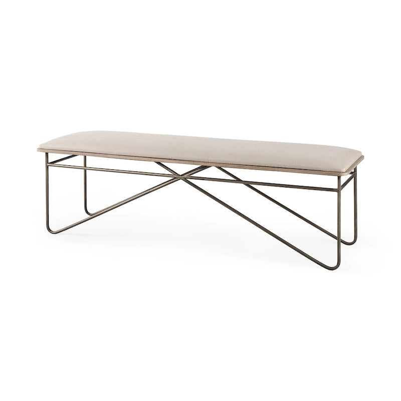 Camille Cream Fabric Seat w/ Dark Metal Frame Bench - 55.5W x 16D x 17H