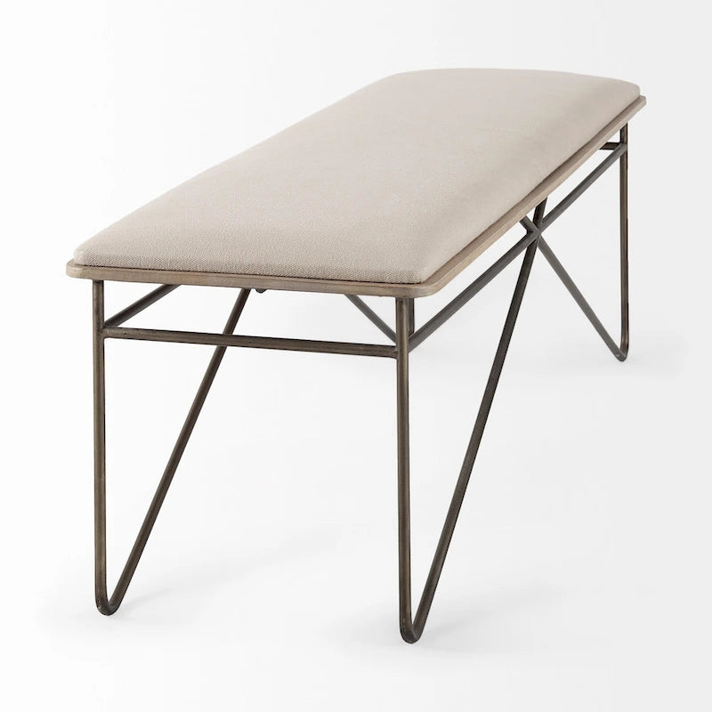 Camille Cream Fabric Seat w/ Dark Metal Frame Bench - 55.5W x 16D x 17H