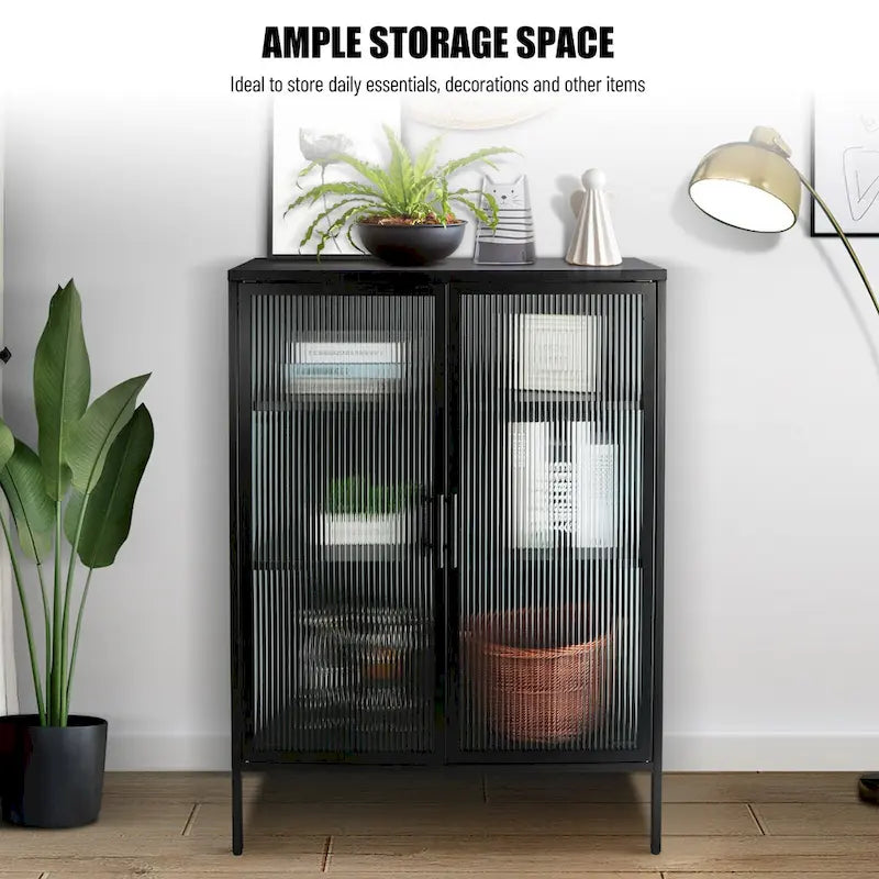 48 Inch Double Glass Door Storage Cabinet, Sideboard Cabinet with Adjustable Shelves