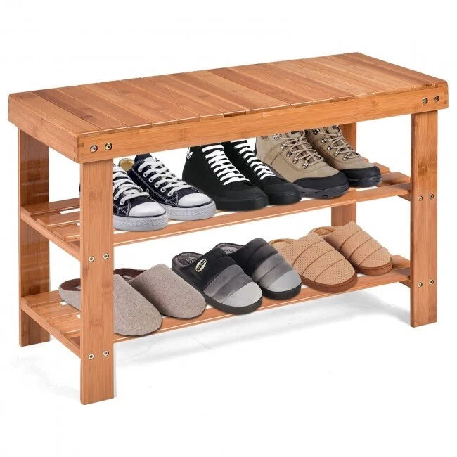 3 Tier Bamboo Bench Storage Shoe Shelf - 27.5 x 11 x 17.5 (L x W x H)