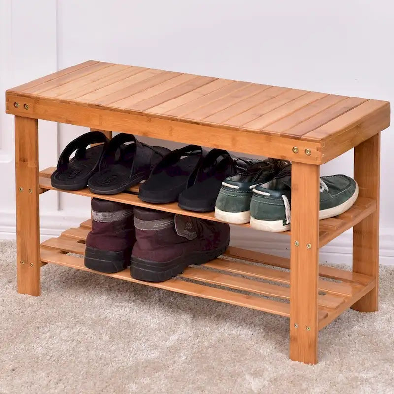 3 Tier Bamboo Bench Storage Shoe Shelf - 27.5 x 11 x 17.5 (L x W x H)