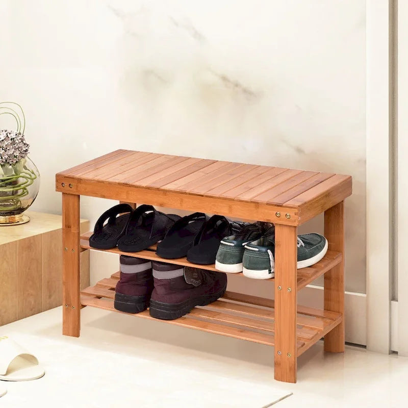 3 Tier Bamboo Bench Storage Shoe Shelf - 27.5 x 11 x 17.5 (L x W x H)