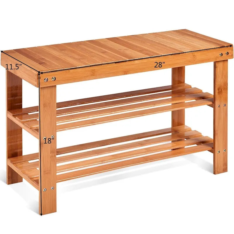 3 Tier Bamboo Bench Storage Shoe Shelf - 27.5 x 11 x 17.5 (L x W x H)