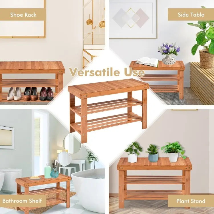 3 Tier Bamboo Bench Storage Shoe Shelf - 27.5 x 11 x 17.5 (L x W x H)
