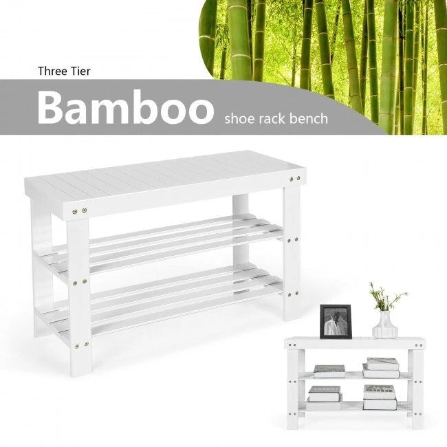 3 Tier Bamboo Bench Storage Shoe Shelf - 27.5 x 11 x 17.5 (L x W x H)