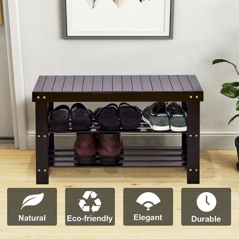 3 Tier Bamboo Bench Storage Shoe Shelf - 27.5 x 11 x 17.5 (L x W x H)