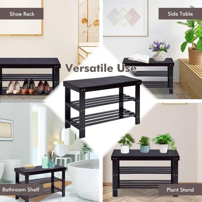 3 Tier Bamboo Bench Storage Shoe Shelf - 27.5 x 11 x 17.5 (L x W x H)