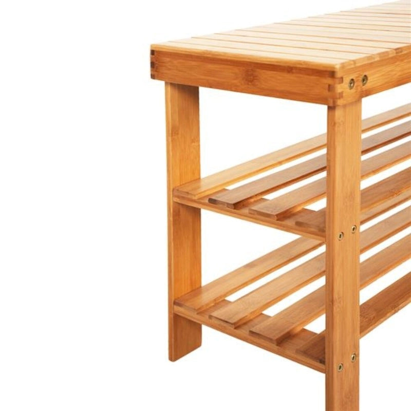 90cm Strip Pattern Tiers Bamboo Stool Shoe Rack with Boots Compartment Wood Color - 35.43 x 11.02 x 17.72