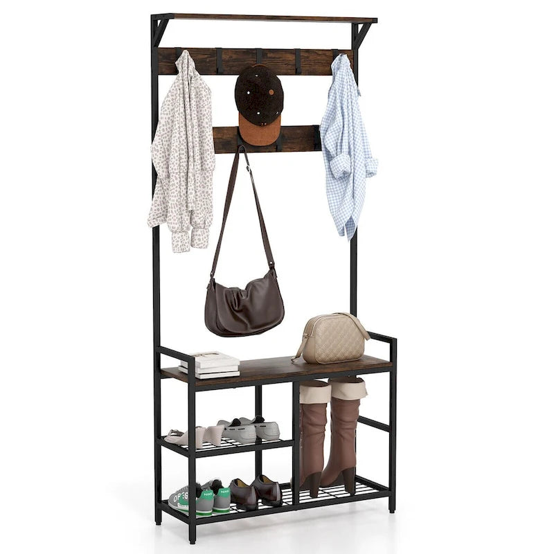 71 Inch Freestanding Hall Tree with Shoe Bench and 9 Removable Hooks-Rustic Brown - 33 x 12 x 71