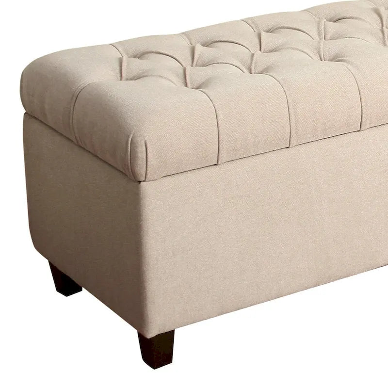 Fabric Upholstered Button Tufted Wooden Bench With Hinged Storage, Cream and Brown - 18 H x 40 W x 18 L Inches