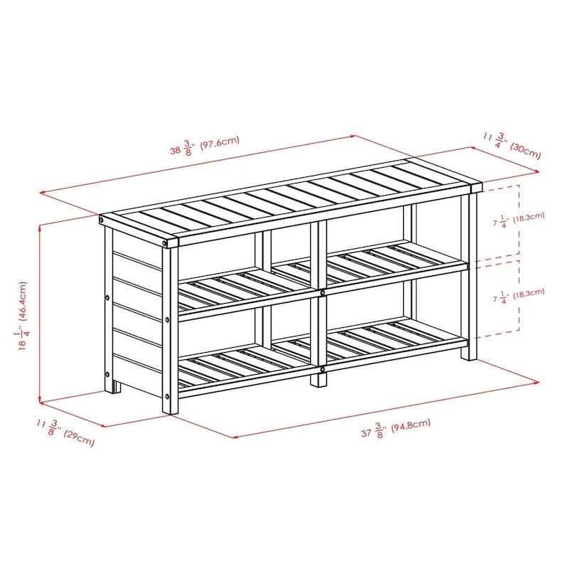 Keystone Bench, 2-Tier Shoe Storage, Teak - 38.43 x 11.81 x 18.27 inches