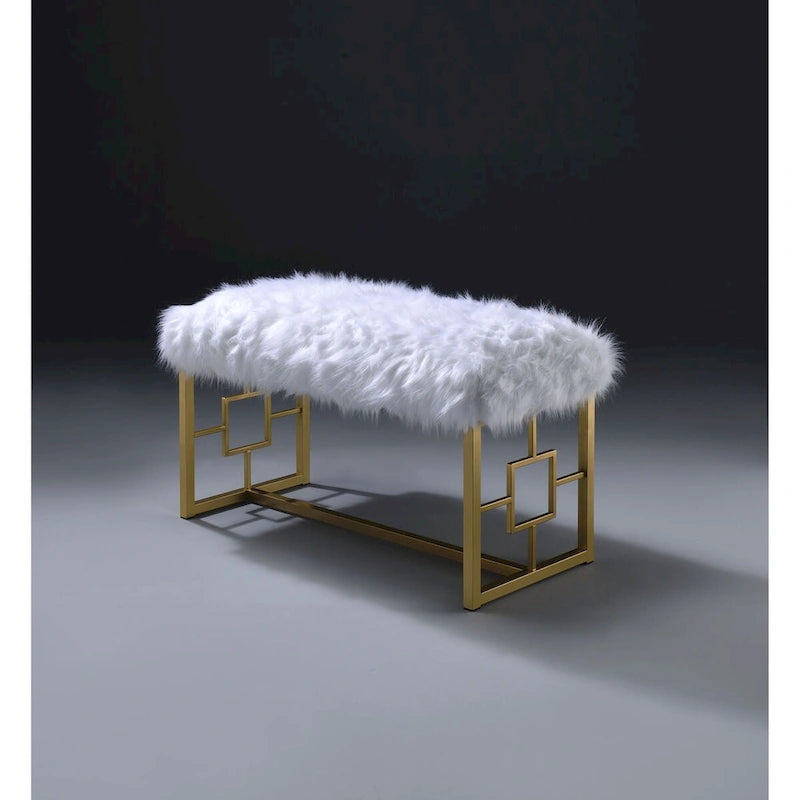 Modern Style Faux Fur Upholstered Bench with Geometrical Side Panels, White and Gold - 21 H x 17.5 W x 37.5 L Inches