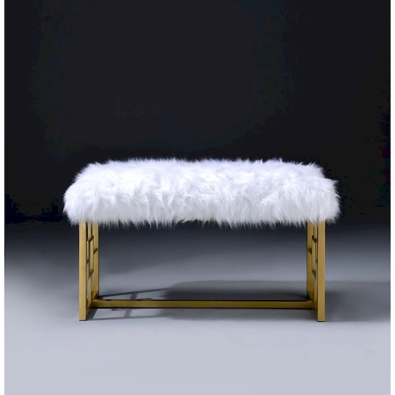 Modern Style Faux Fur Upholstered Bench with Geometrical Side Panels, White and Gold - 21 H x 17.5 W x 37.5 L Inches