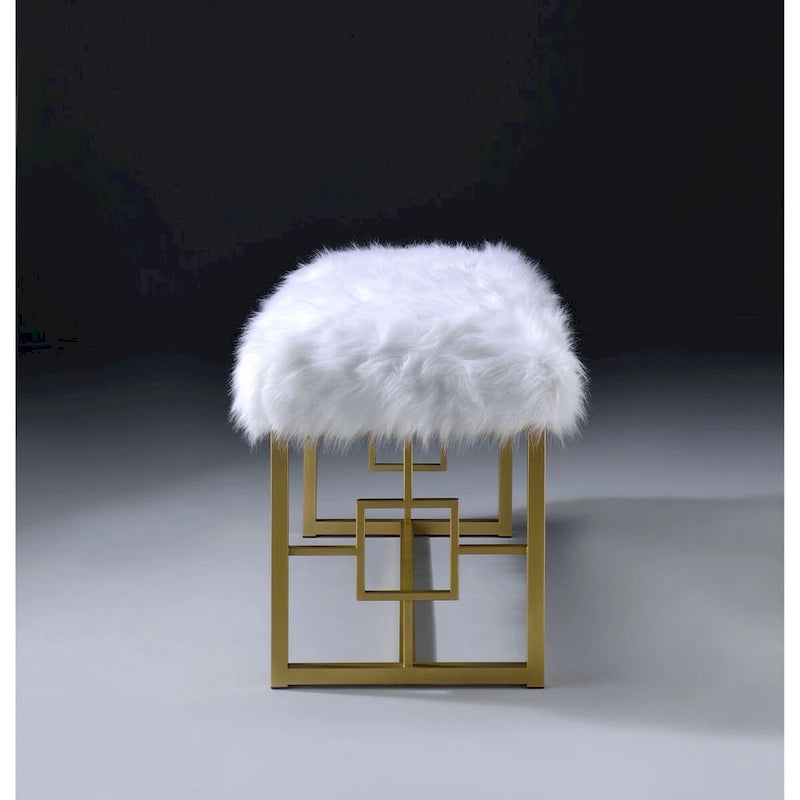 Modern Style Faux Fur Upholstered Bench with Geometrical Side Panels, White and Gold - 21 H x 17.5 W x 37.5 L Inches