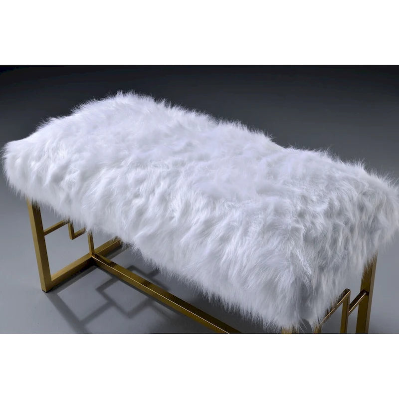 Modern Style Faux Fur Upholstered Bench with Geometrical Side Panels, White and Gold - 21 H x 17.5 W x 37.5 L Inches