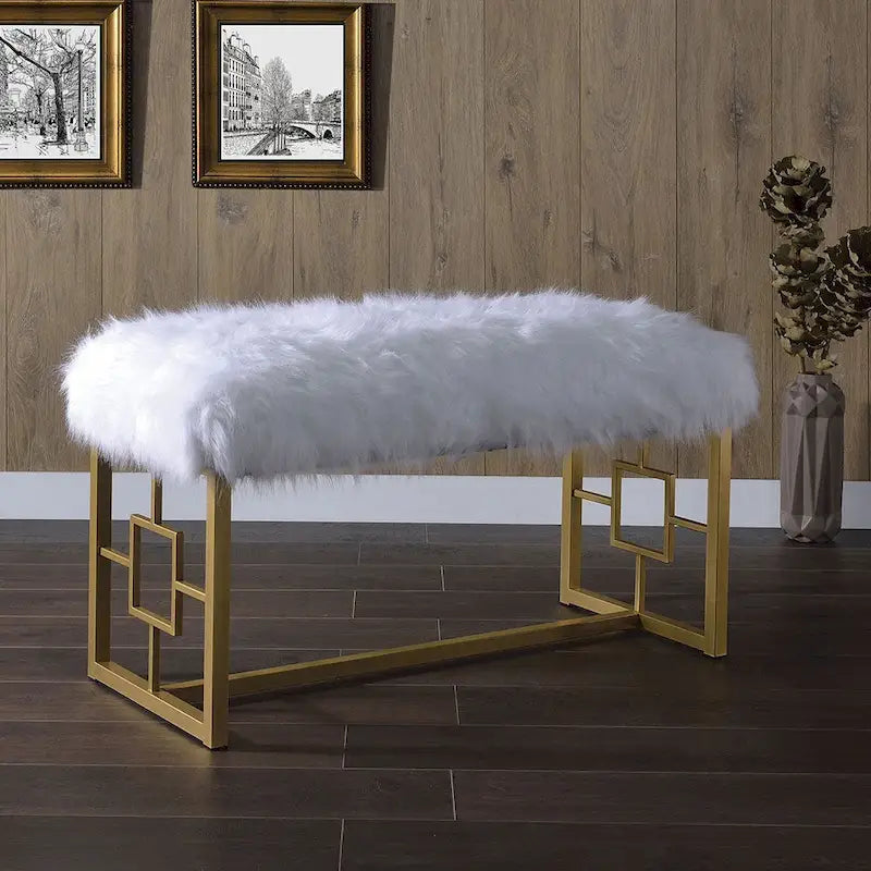 Modern Style Faux Fur Upholstered Bench with Geometrical Side Panels, White and Gold - 21 H x 17.5 W x 37.5 L Inches