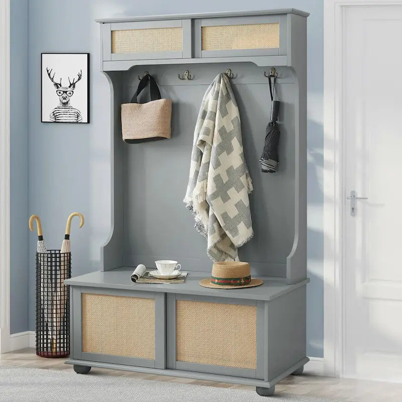 Classic Farmhouse Style Wooden Storage Dresser with Woven Rattan Decorative Cabinet Doors