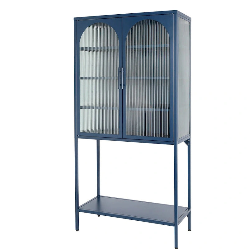 Elegant Floor Cabinet with 2 Glass Arched Doors Living Room Display Cabinet with Adjustable Shelves Anti-Tip Dust-free