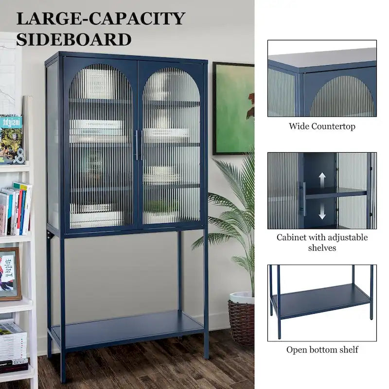 Elegant Floor Cabinet with 2 Glass Arched Doors Living Room Display Cabinet with Adjustable Shelves Anti-Tip Dust-free