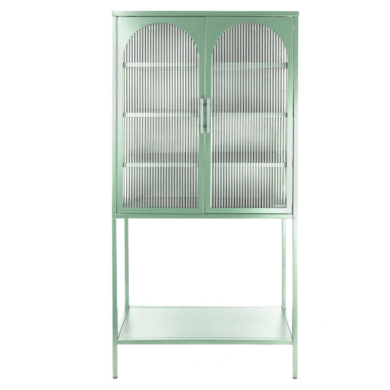 Elegant Floor Cabinet with 2 Glass Arched Doors Living Room Display Cabinet with Adjustable Shelves Anti-Tip Dust-free