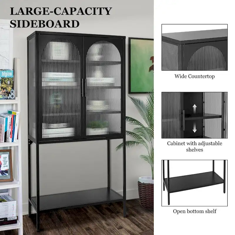 Elegant Floor Cabinet with 2 Glass Arched Doors Living Room Display Cabinet with Adjustable Shelves Anti-Tip Dust-free