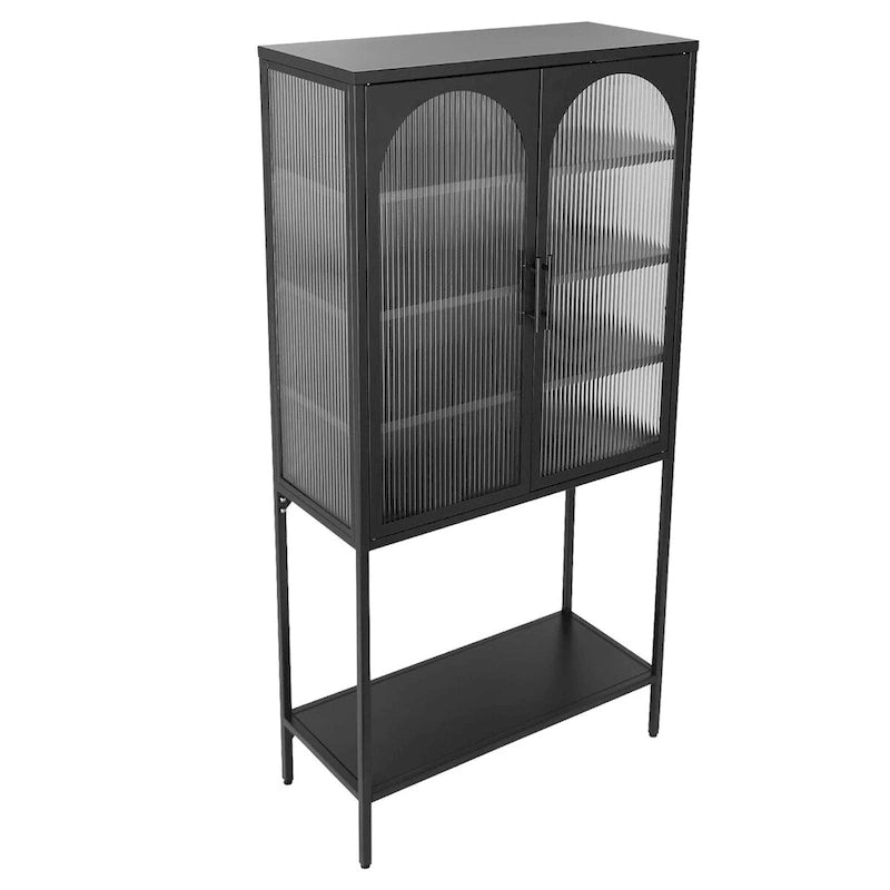 Elegant Floor Cabinet with 2 Glass Arched Doors Living Room Display Cabinet with Adjustable Shelves Anti-Tip Dust-free