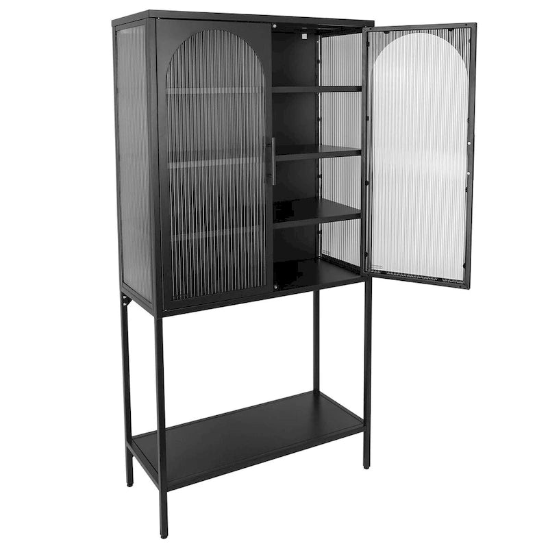 Elegant Floor Cabinet with 2 Glass Arched Doors Living Room Display Cabinet with Adjustable Shelves Anti-Tip Dust-free