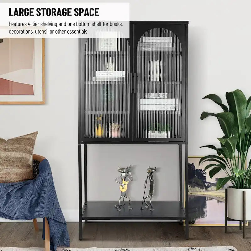 Elegant Floor Cabinet with 2 Glass Arched Doors Living Room Display Cabinet with Adjustable Shelves Anti-Tip Dust-free