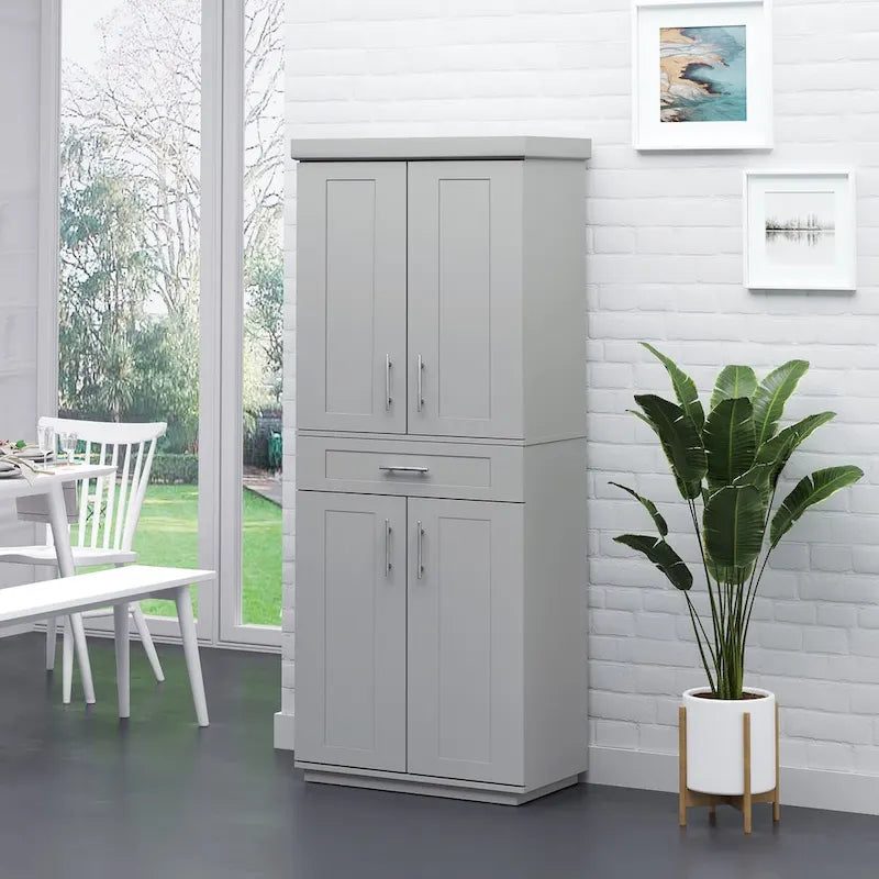 Modern Kitchen Pantry Freestanding Cabinet Cupboard with Doors and Drawer, Adjustable Shelving, Grey